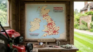 Map of the United Kingdom highlighting the extensive network of authorised Honda and Mountfield service centres for garden machinery.