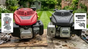 Technical illustration showing a Honda GCVx engine and a Mountfield STIGA Autochoke engine side-by-side.