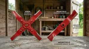 Comparison of the Honda MicroCut twin-blade system and a standard Mountfield high-lift rotary blade for mulching performance.