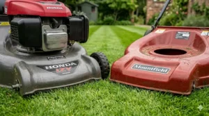 Close-up comparison of a Honda Polystrong mower deck versus a traditional Mountfield powder-coated steel chassis.