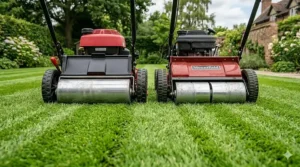 Comparison of the traditional striped lawn finish created by a Honda rear-roller mower and a Mountfield petrol roller model.