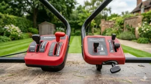 Diagram showing the ease of use for Honda’s single-point height adjustment compared to Mountfield’s lever system.