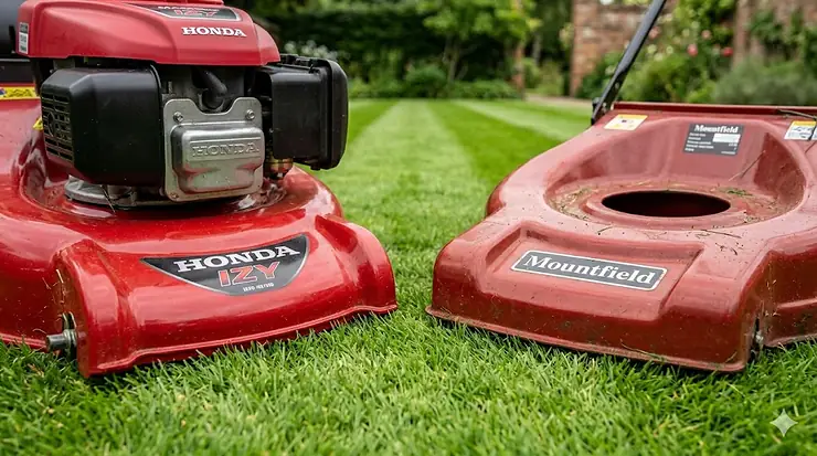 A side-by-side comparison of a Honda petrol lawnmower and a Mountfield rotary mower on a freshly cut British lawn. Honda vs Mountfield mower