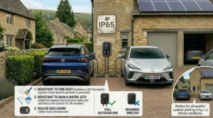An IP65-rated dual EV charger for outdoor parking, designed to withstand typical British rainy weather conditions.