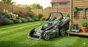 A 40-litre grass collection bag being detached from a lightweight electric lawn mower.