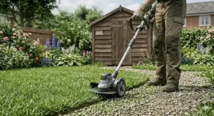 Close-up of a strimmer head creating a neat edge between a green lawn and a gravel garden path.