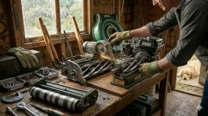 Detailed view of a lawn mower engine and mechanical components being serviced in a British garden workshop.