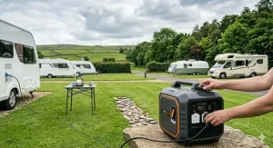 A lightweight, portable generator with an ergonomic telescopic handle and sturdy wheels for easy transport across a gravel driveway.