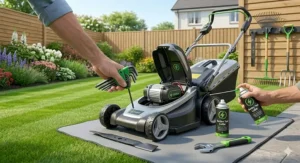 Close-up of a 36V lithium-ion battery being inserted into an electric lawn mower.