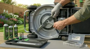 The clean underside of an electric lawn mower showing the rotary blade and plastic deck.