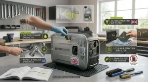 A comprehensive photorealistic maintenance guide showing how to check engine oil, clean the air filter, and replace the spark plug on a British-spec inverter generator.