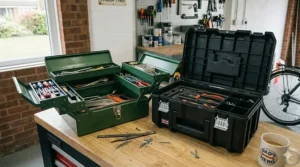 A side-by-side comparison of a traditional metal cantilever tool box and a modern high-impact plastic model.