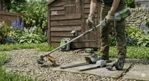 A versatile garden multi-tool system showing the strimmer attachment alongside a hedge trimmer and pruner.
