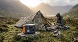 A small solar generator used for off-grid wild camping to power a GPS device and headlamp.