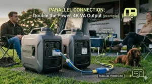 Two identical inverter generators linked together with a parallel power cable to double the electrical output for a caravan on a British campsite.