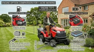 A comparison graphic between a traditional petrol engine and a modern lithium-ion cordless ride-on mower for 1-acre gardens.