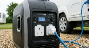 Close-up of the control panel on a portable generator featuring standard UK 3-pin power sockets and USB ports.