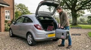 A man in a fleece jacket easily lifting a lightweight, suitcase-style petrol inverter generator into the boot of a silver British hatchback car on a gravel driveway.