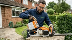 A person carefully refilling a powerful petrol hedge cutter with fuel from a dedicated pouring tin in a residential garden.