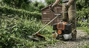 A petrol-powered heavy-duty strimmer cutting through thick nettles and overgrown weeds in a large rural allotment.