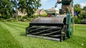 Sharp helical blades of a precision cylinder lawn mower designed for a clean scissor-cut finish on luxury turf.