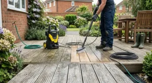 A technical infographic explaining pressure washer power settings in bar and PSI, featuring visual icons for high-pressure brickwork cleaning and low-pressure window washing.