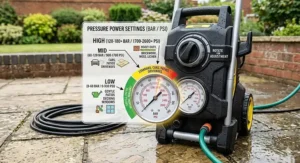 A high-performance pressure washer being used with a snow foam lance attachment to clean a muddy car in a residential driveway.