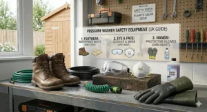 A photorealistic image of a homeowner using a pressure washer to clean wooden garden decking, showing a clear path of clean timber through the weathered surface grime.