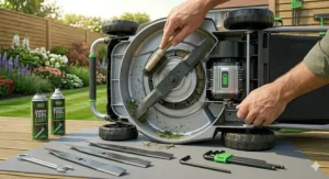 A chart illustrating the low noise levels of electric mowers compared to loud petrol alternatives.