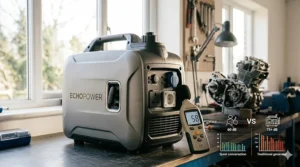 A photorealistic workshop scene featuring a decibel meter measuring a silent inverter generator at 58dB, compared against the noise levels of a quiet conversation and a traditional generator.