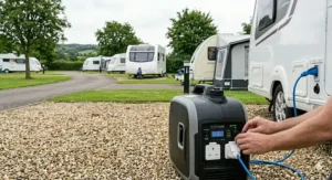 An ultra-quiet portable inverter generator operating discreetly to minimise noise pollution in a residential UK garden.