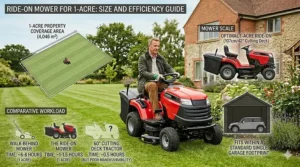 An illustration demonstrating the tight turning circle of a lawn rider around typical UK garden features like birdbaths and flower borders.