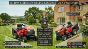 A safety illustration showing the maximum recommended incline for a ride-on mower on a sloping British lawn.