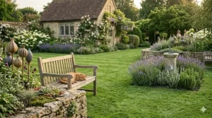A robotic mower automatically stopping and turning away from a dog lying on the grass.