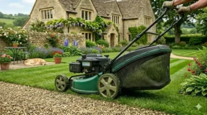 A self-propelled mower with a large grass collection bag being used in a formal English garden.