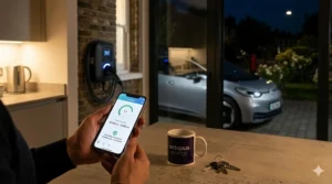 A mobile app interface showing a smart EV charger scheduled to charge during off-peak electricity hours to save on UK energy bills.