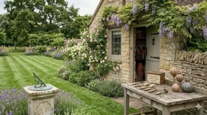 A homeowner using a smartphone app to schedule lawn mowing while sitting on a garden patio.