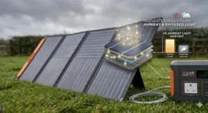 A diagram showing how modern solar panels still harvest energy during a typical overcast British day.