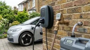 Diagram showing a smart EV charger capturing surplus energy from rooftop solar panels to charge a car for free.