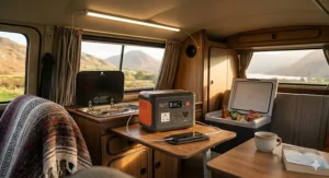 A compact solar generator stored in a VW Transporter campervan, charging a smartphone and LED lights.