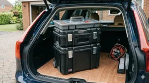 A modular stackable tool box system fitted neatly into the boot of a British estate car.