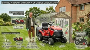 An illustration showing the footprint of a compact ride-on mower inside a standard UK single garage or timber workshop.