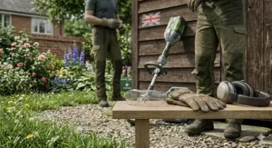 Essential safety equipment for using a strimmer, including garden gloves, ear defenders, and clear eye protection.