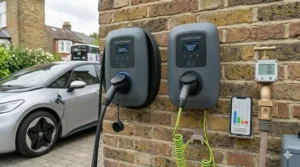 Comparison of a tethered smart EV charger with a built-in cable versus an untethered unit using a separate Type 2 lead.