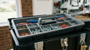 An internal removable tote tray showing organised compartments for small fixings and hand tools.
