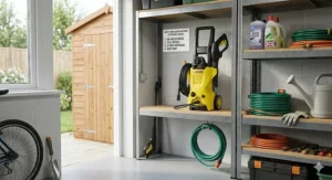 A water efficiency infographic comparing the water usage of a standard garden hose versus the best pressure washer, highlighting up to eighty percent water savings for eco-conscious UK homeowners.