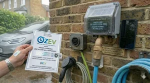 A robust smart EV charger installed outdoors, designed to withstand rain and cold British winter conditions.