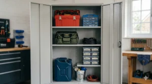Interior view of a metal storage cabinet showing four adjustable steel shelves holding organised toolboxes and hardware containers.