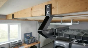 Technical illustration demonstrating the safe clearance height of a garage ceiling storage rack above a standard UK family SUV.