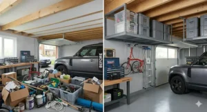 Diagram illustrating the safe weight capacity and distributed loading guidelines for a garage overhead ceiling storage rack.
